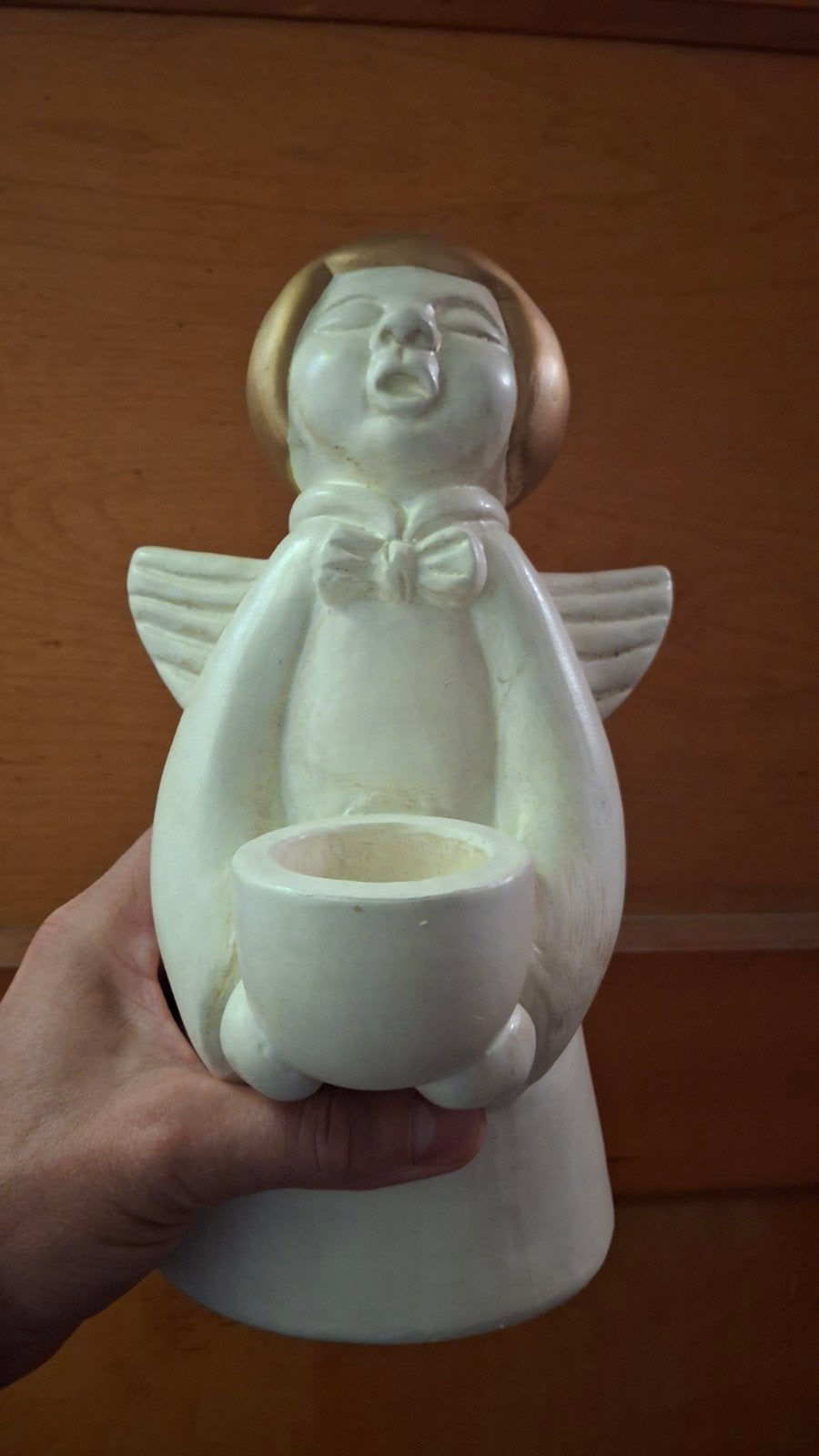 Vintage Keramische Engel Kandelaar - Wit met Goud, Huis en Inrichting, Woonaccessoires | Kandelaars en Kaarsen, Gebruikt, Ophalen of Verzenden