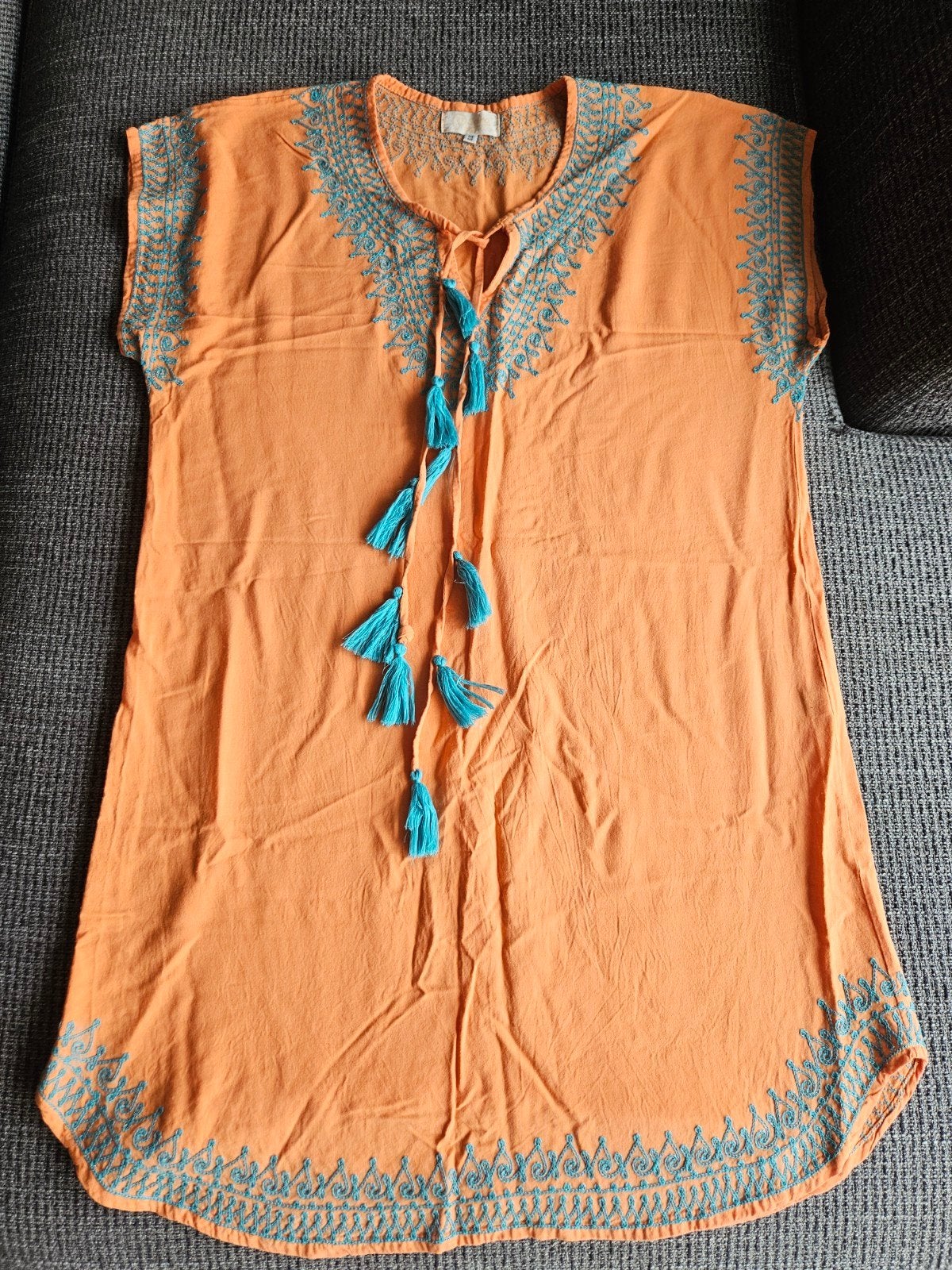 Boho jurk/tuniek oranje met turquoise borduurwerk, Maat 38/40 (M), Oranje, Ophalen of Verzenden, Boven de knie