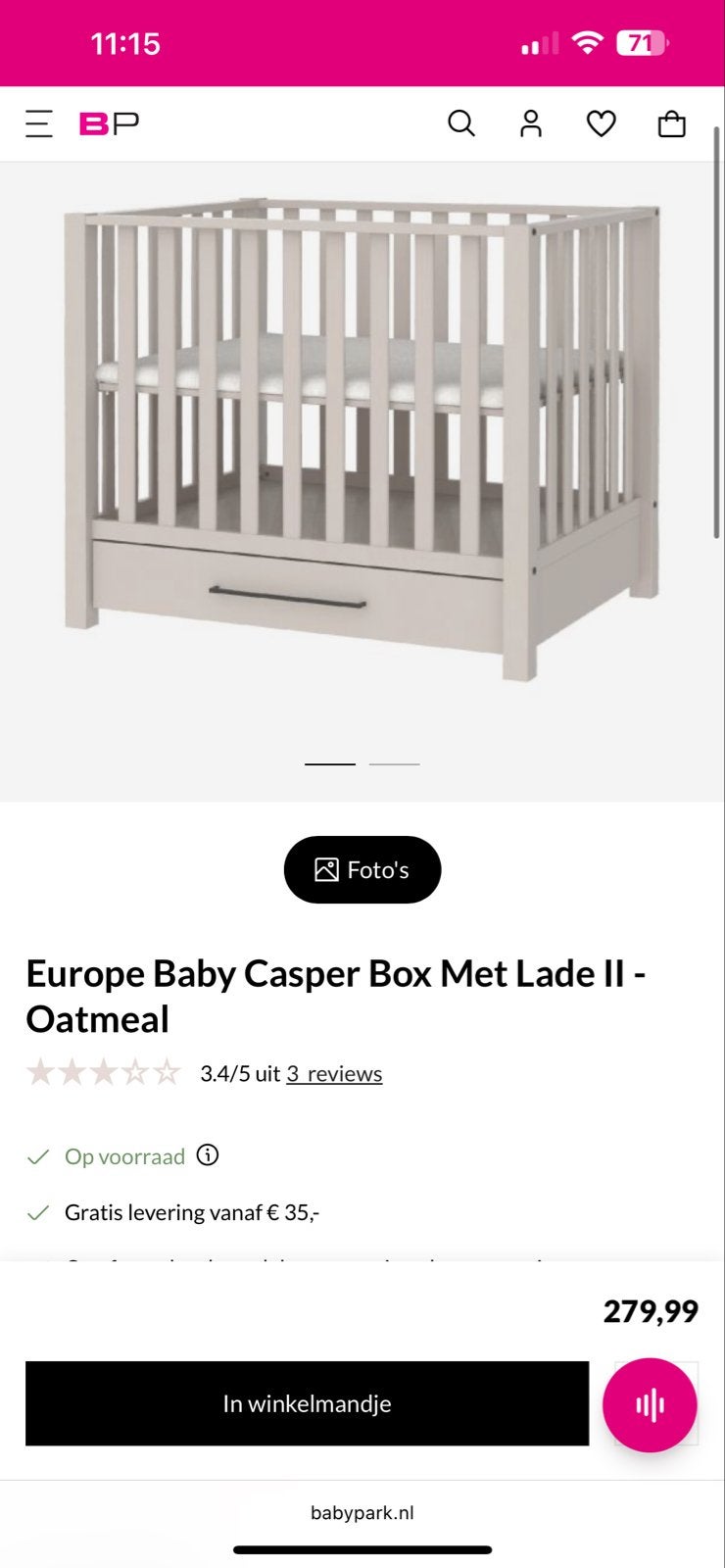 Europe Babybox Casper met lade, matras en boxkleed, Ophalen, Zo goed als nieuw, Rechthoekig, In hoogte verstelbaar