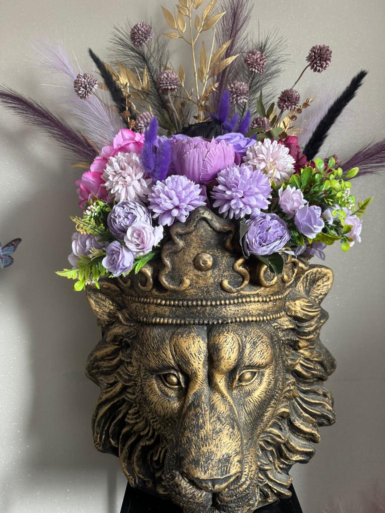 Unieke Leeuwenkop Vaas met Zijden Bloemen, Huis en Inrichting, Ophalen, Nieuw, Overige kleuren, Overige materialen