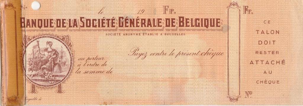 CHEQUE  BANQUE DE LA SOCIETE GENERALE DE BELGIQUE 1900-1999, Verzamelen, Ophalen of Verzenden, Gebruikt