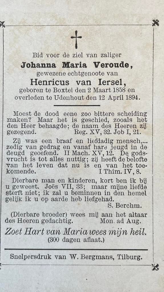 Johanna Maria Veroude  Boxtel 1858, Ophalen of Verzenden