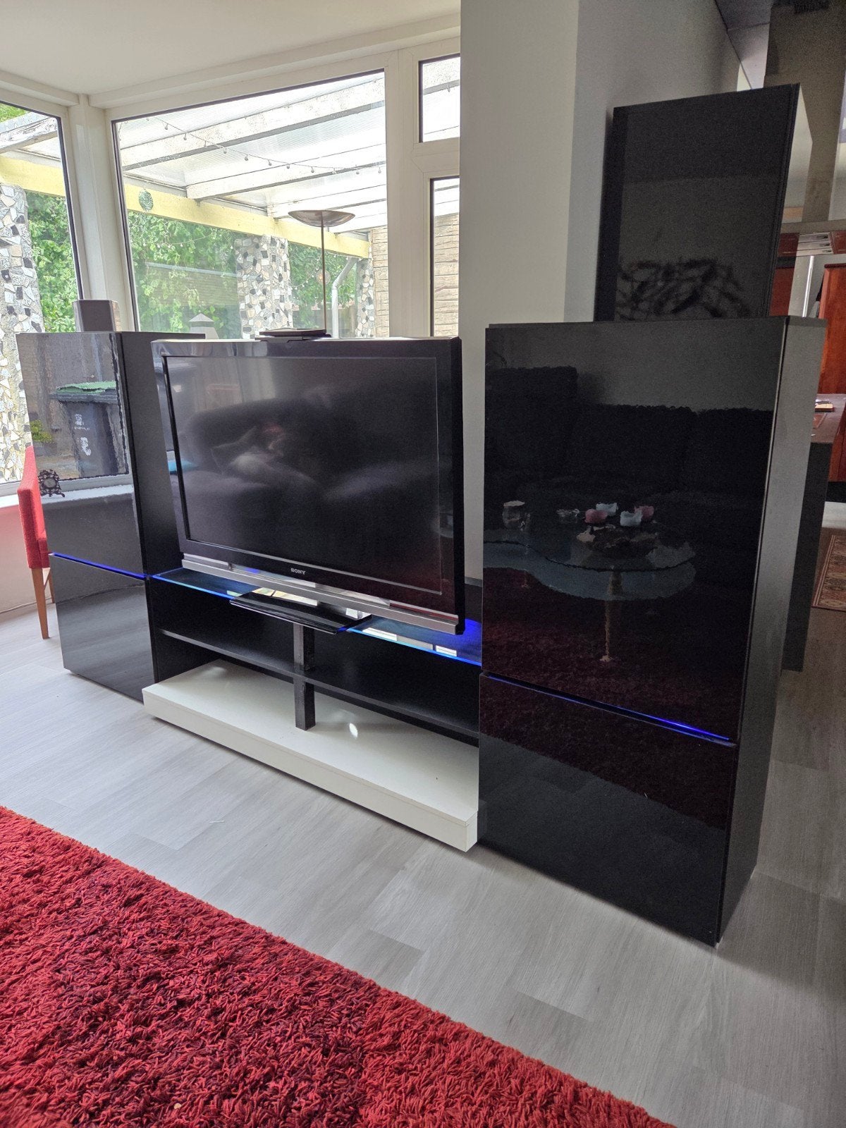 Zwarte hoogglans tv-meubel en hoge kast, Ophalen, Gebruikt, 100 tot 150 cm, Zwart hoogglans