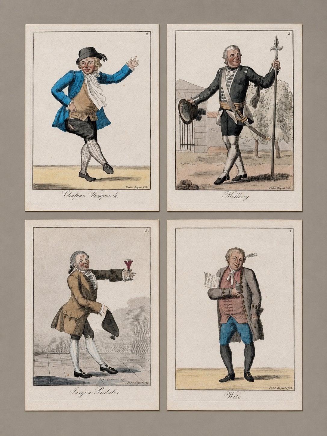 Prachtige set van 4 handgekleurde gravures - 21 x 16 cm, Ophalen of Verzenden