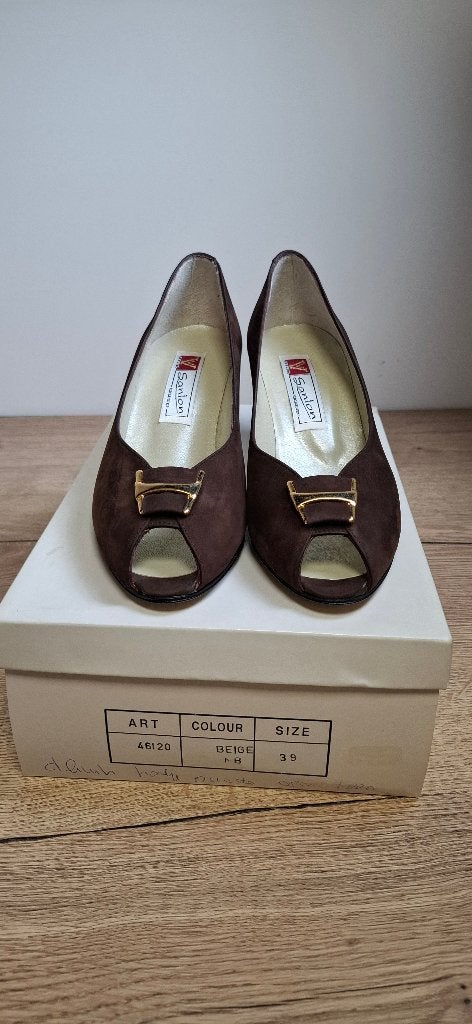 Vintage Italiaanse Peep Toe Pumps Sanlon - Maat 39, Bruin, Onbekend, Zo goed als nieuw, Santon