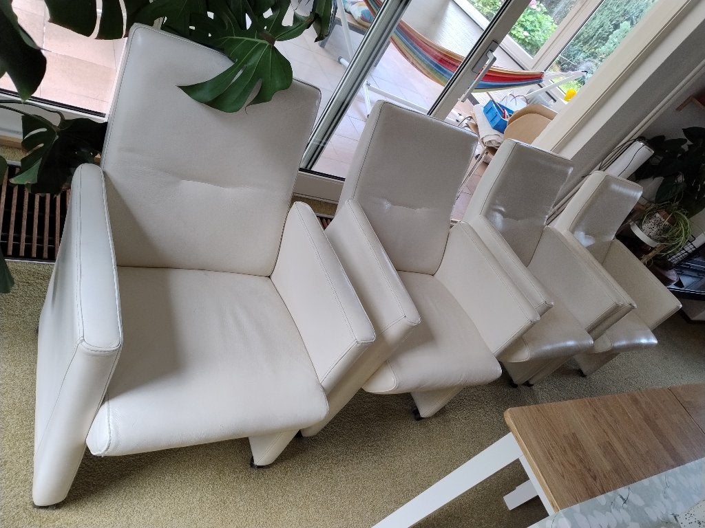 4 Eetkamerstoelen, wielen, wit leer, Ophalen, Gebruikt, Wit, Leer
