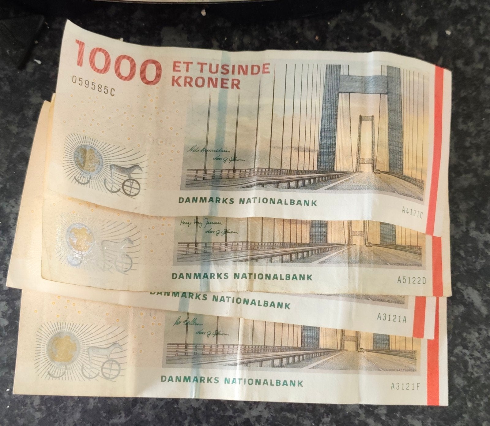Deense 1000 Kronen biljetten - 4 stuks, Ophalen of Verzenden, Overige landen, 100 euro, Setje