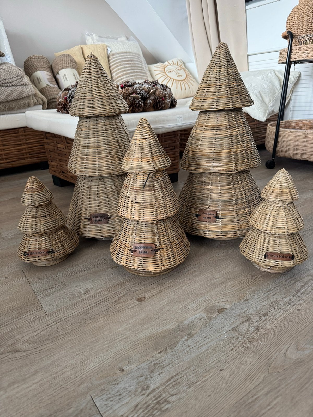 Riviera Maison kerstbomen set van 5 stuks, Ophalen, Natuurlijk materiaal, Bruin, Landelijk