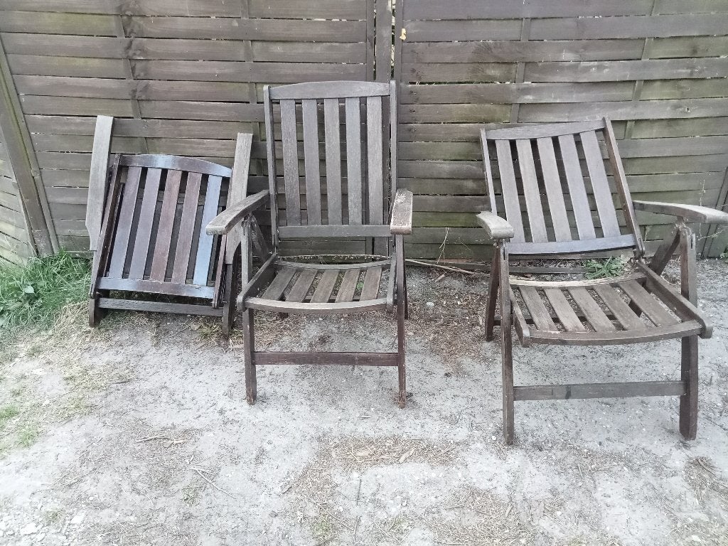 3 HARD HOUTEN TUINSTOELEN, Tuin en Terras, Tuinstoelen, Ophalen, Gebruikt, Hout, Verstelbaar