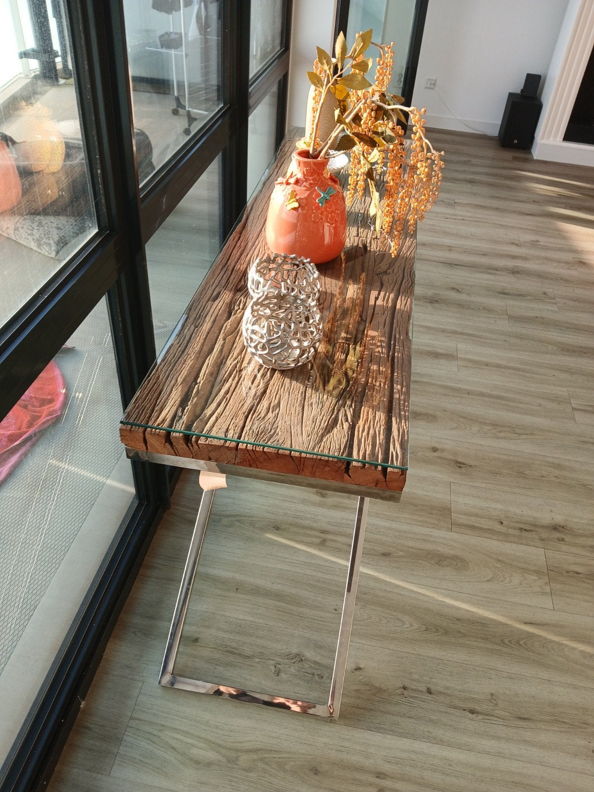 Moderne console tafel met glas en hout, 100 tot 150 cm, Ophalen of Verzenden, Zo goed als nieuw, Overige houtsoorten
