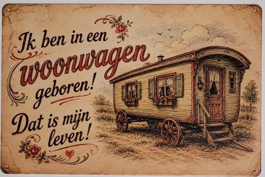 Ben in een woonwagen geboren reclamebord van metaal wanddeco, Info@deconoord.nl, Deco Noord, Nieuw, Ophalen of Verzenden