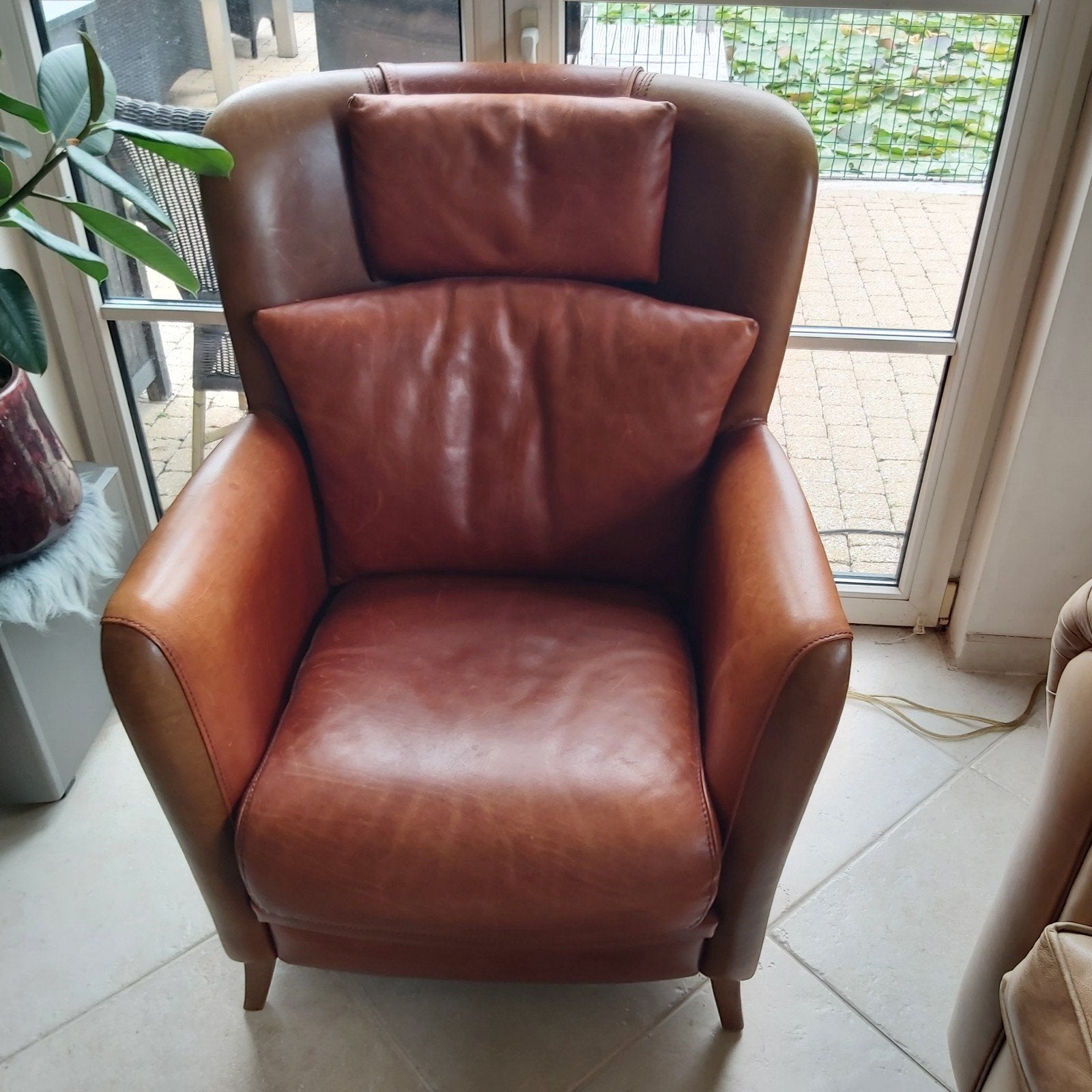 Comfortabele leren fauteuil - Cognac bruin, Huis en Inrichting, Fauteuils, Ophalen, Gebruikt, Klassiek, Comfortabel, 75 tot 100 cm