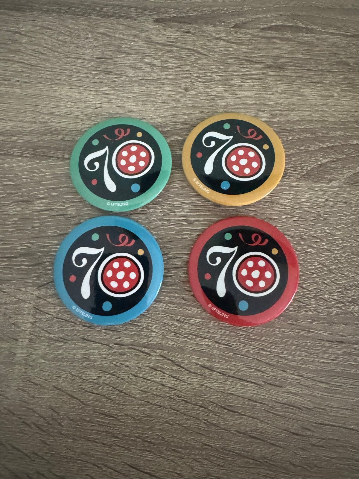 Efteling 70 jaar jubileum buttons set van 4, Ophalen of Verzenden, Zo goed als nieuw, Overige onderwerpen, Button