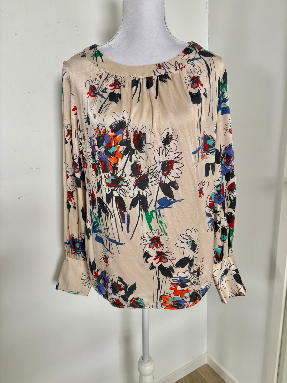 Zijden Robert Friedman blouse - maat L, Ophalen of Verzenden, Zo goed als nieuw, Maat 42/44 (L), Beige