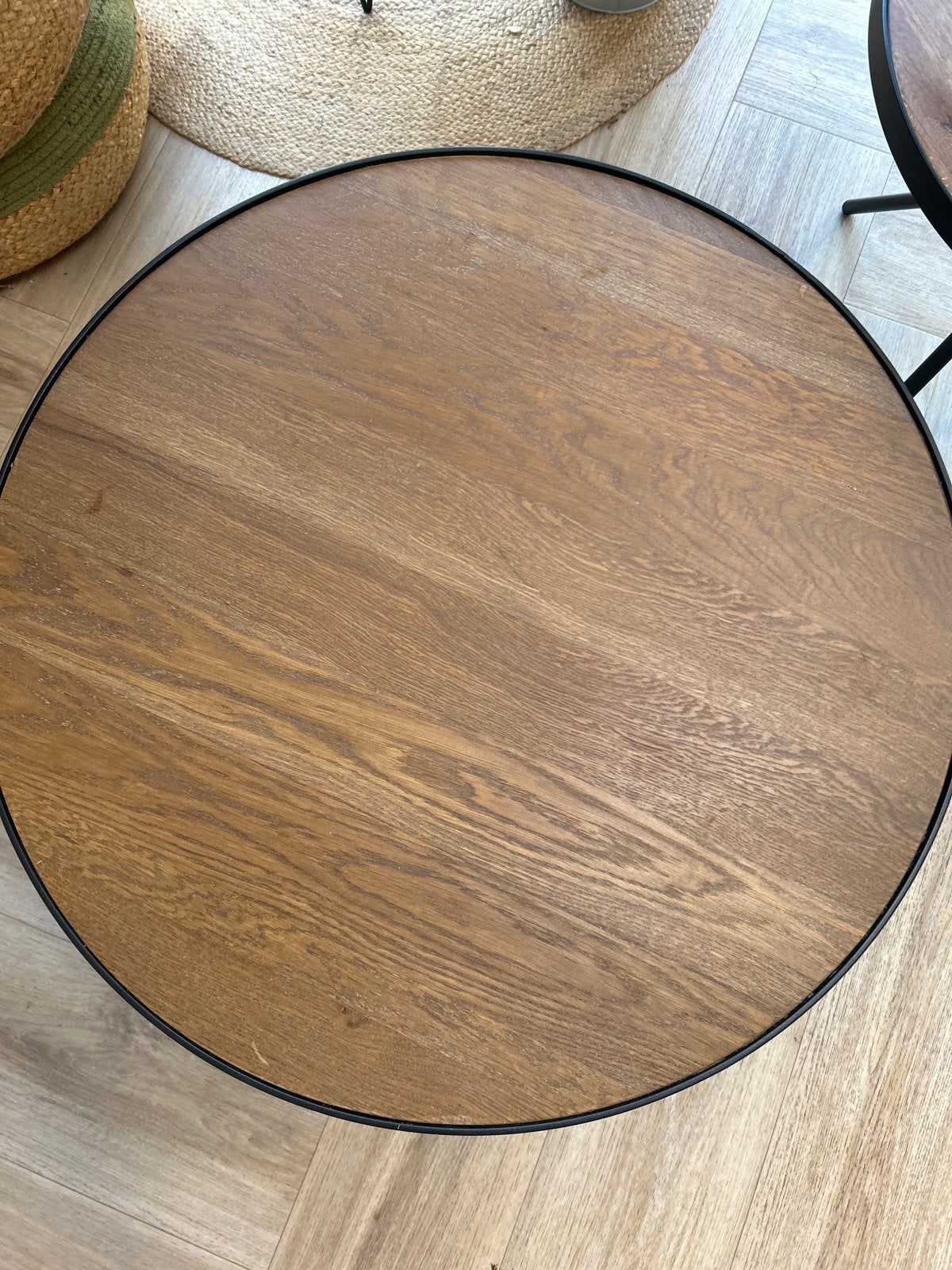 Ronde bijzettafel met houten blad en metalen onderstel, Gebruikt, Rond, 55 tot 75 cm, Hout