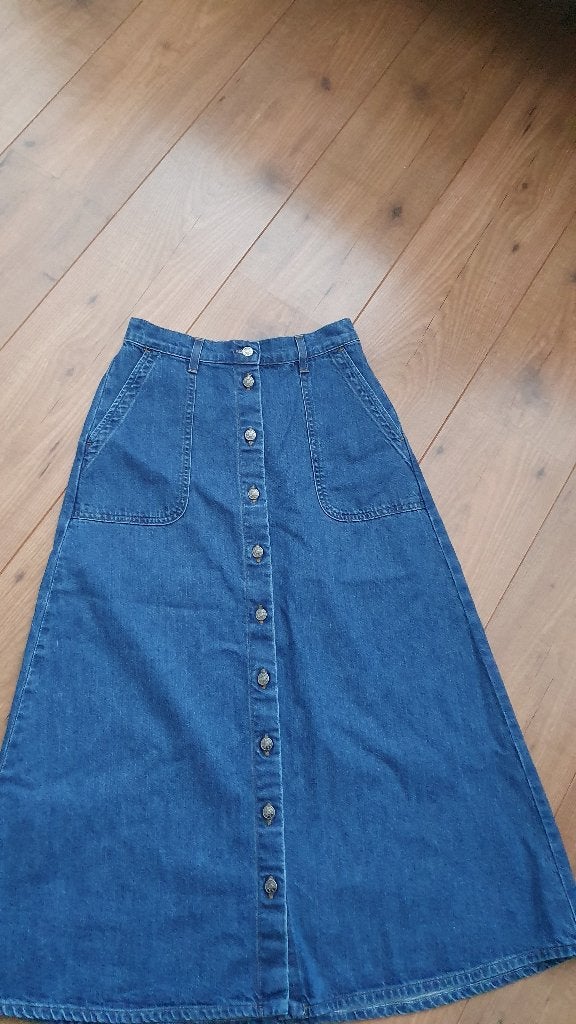 Rok: Lang Xirena spijkerrok Maxi maat xs Lange rok,, Ophalen, Zo goed als nieuw, Maat 34 (XS) of kleiner, Onder de knie