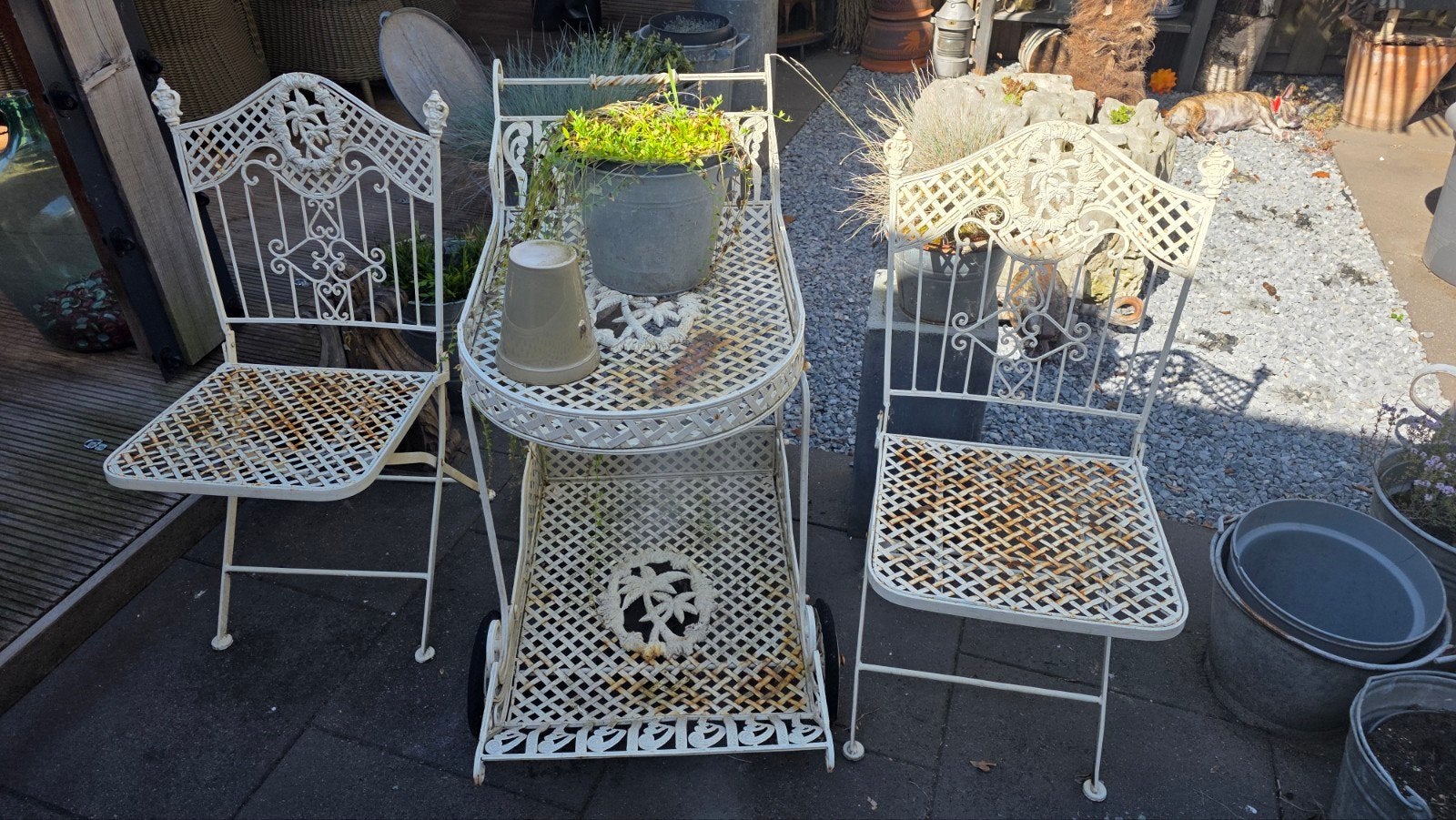 Vintage gietijzeren tuinset met palmboom motief, Ophalen, Gebruikt, Tuinset, Bank