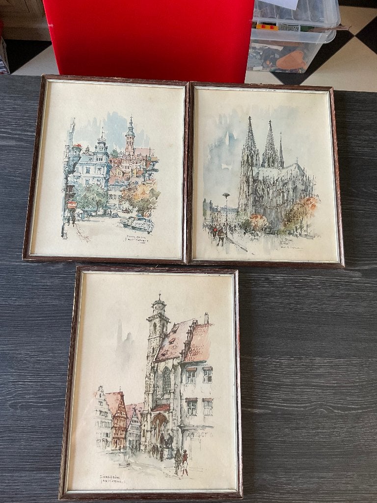 3 x aquarel Jan Korthals kader met glas, Ophalen of Verzenden