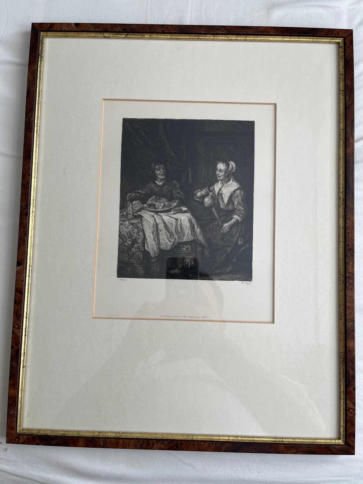 Antieke Gravure: Dagelijks Leven, G. Metsu, W. Unger, Antiek en Kunst, Ophalen, 1800 - 1899, Gravure, Ingelijst
