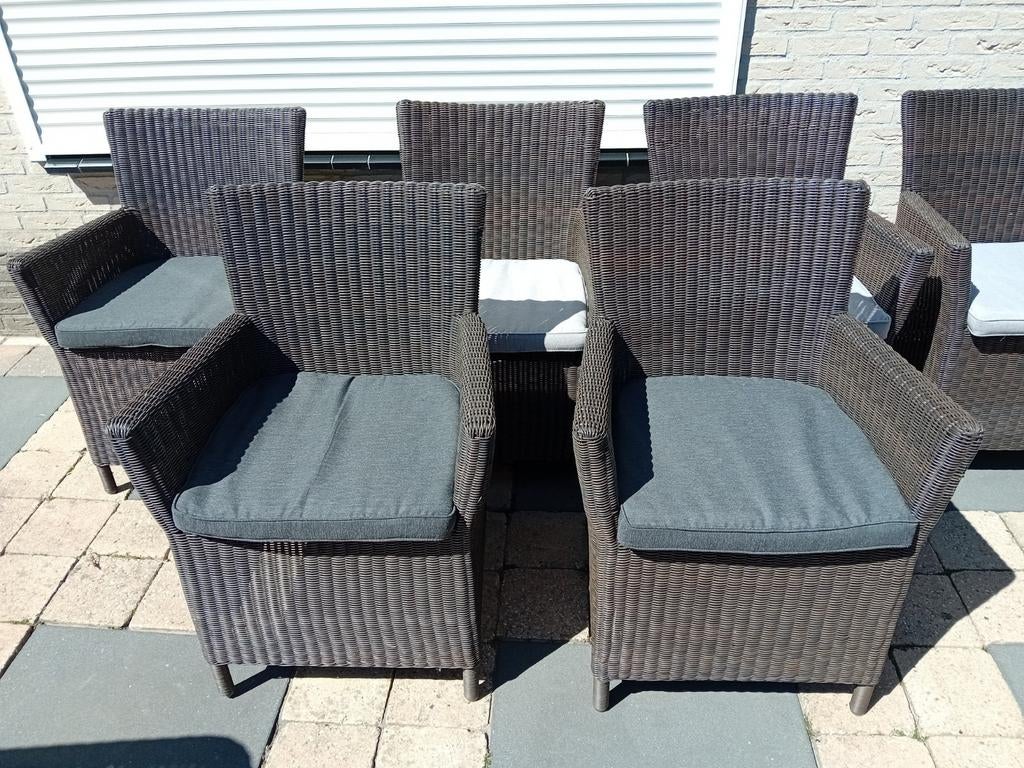 6x wicker tuinstoel incl kussens, Ophalen, Gebruikt, Wicker