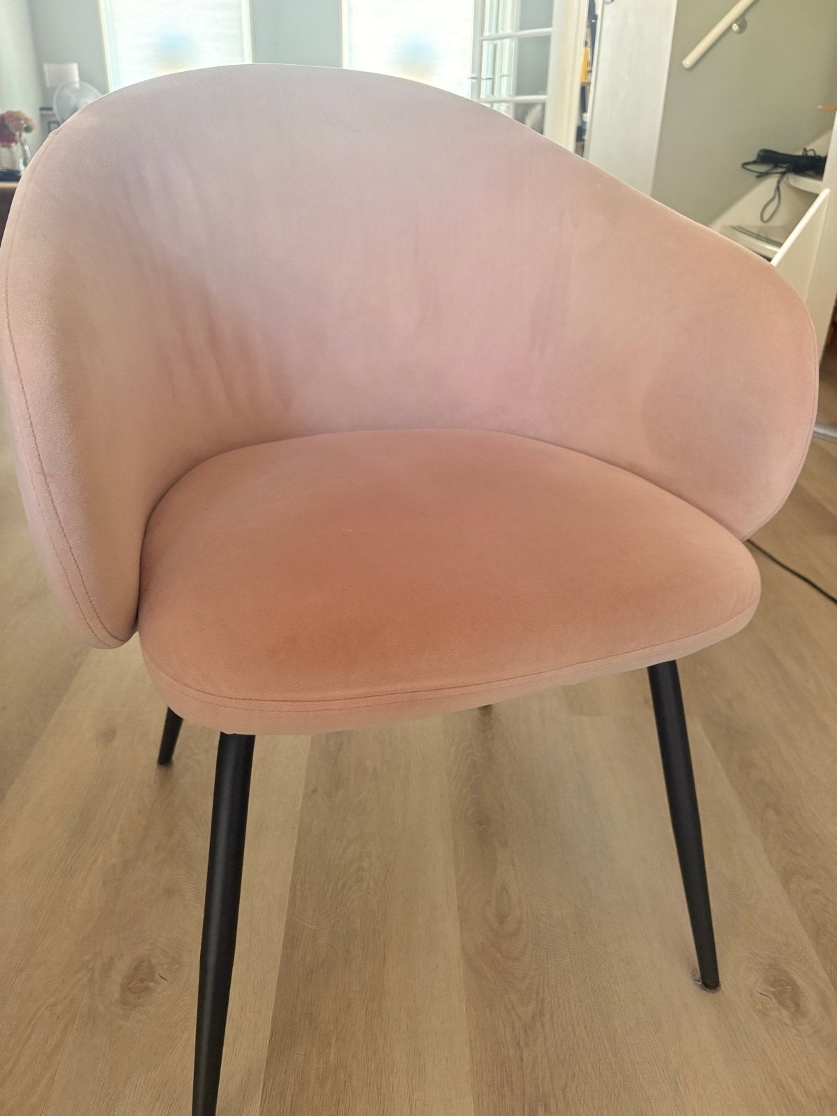 Roze fluwelen eetkamerstoelen - Set van 5, Huis en Inrichting, Stoelen, Ophalen, Gebruikt, Overige kleuren, Overige materialen