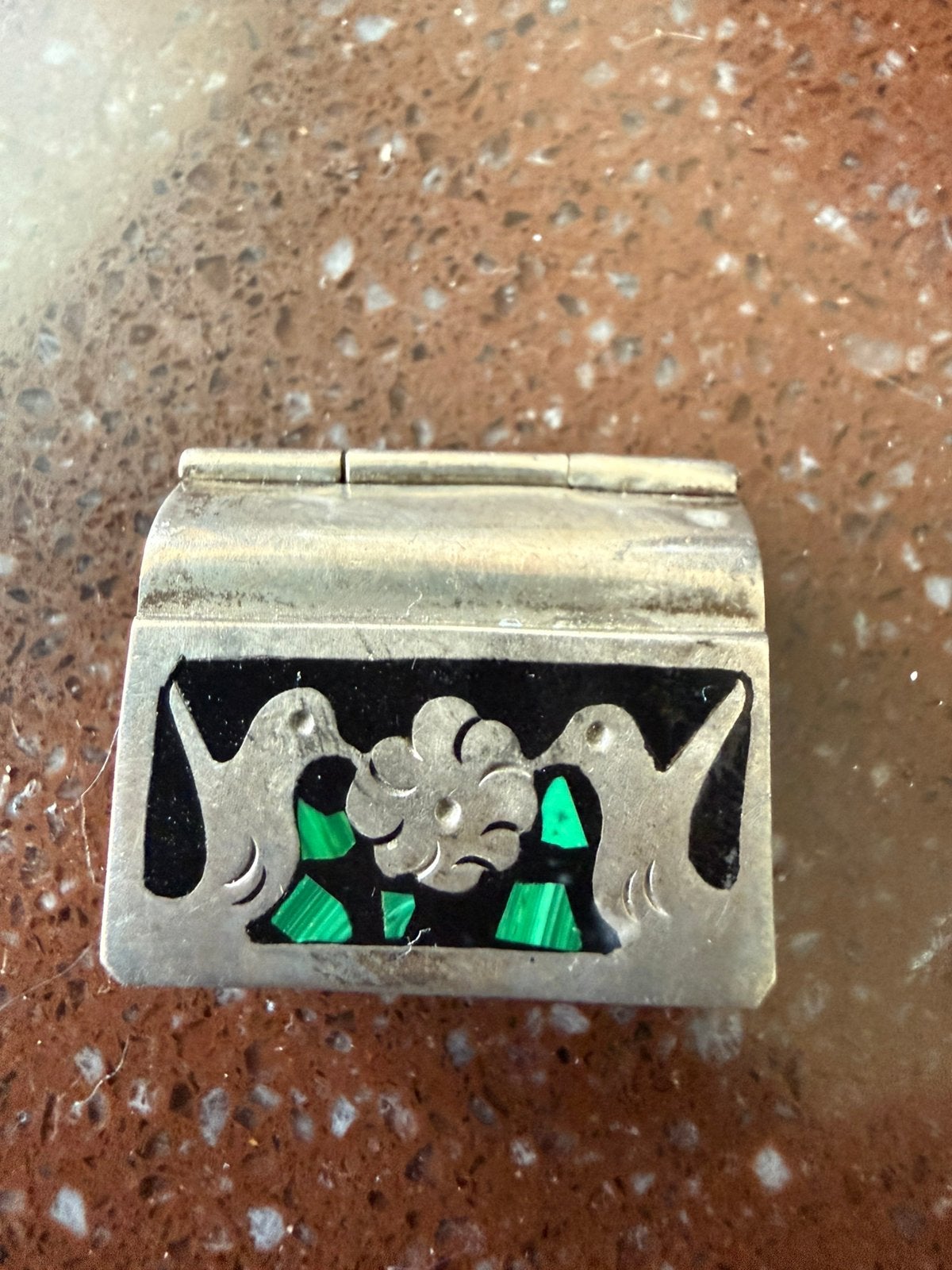 Vintage zilver Pillendoosje 925 Sterling Malachiet Inlegwerk, Antiek en Kunst, Antiek | Goud en Zilver, Ophalen, Zilver