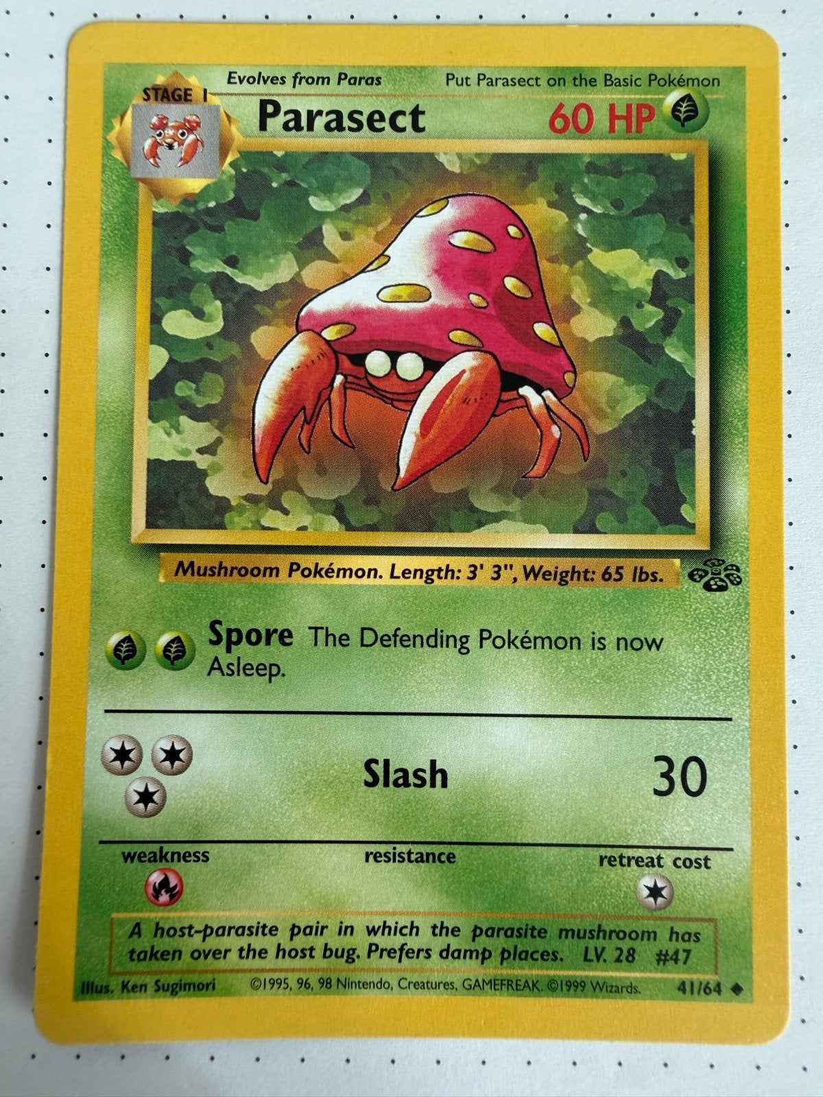 Parasect Jungle Pokémon Kaart 1999 - Zeldzaam Verzamelobject, Ophalen of Verzenden, Gebruikt, Losse kaart