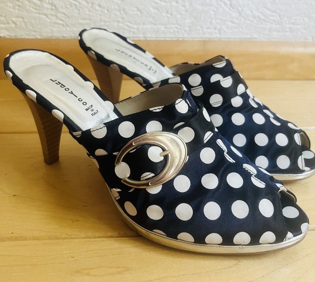 Ludovico muiltjes met hak maat 40 blauw satijn polkadots, Sandalen of Muiltjes, Zo goed als nieuw, Ludovico, Verzenden