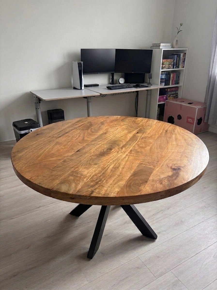 Ronde eettafel van mangohout - 120 cm ø, Ophalen, Gebruikt, 100 tot 150 cm, Rond