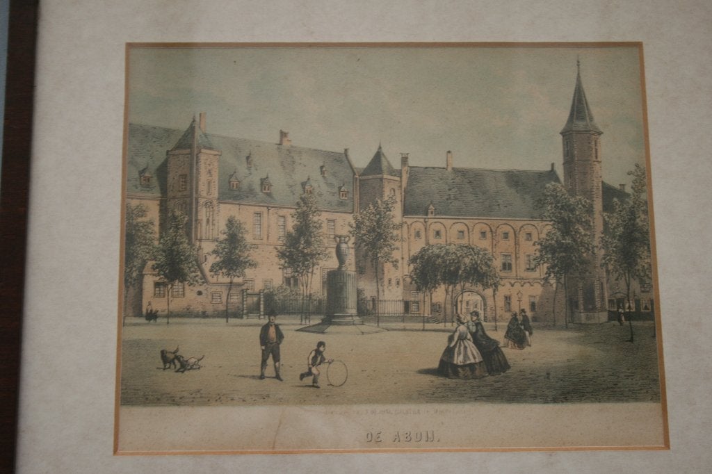 Antieke gekleurde steendruk Abdij Middelburg 1861, 26 cm, Ingelijst, 1800 - 1899, Architectuur