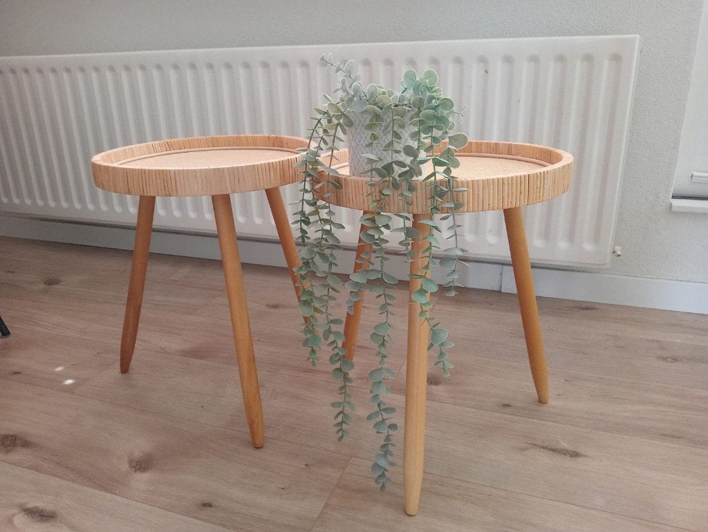 Set van 2 sfeervolle rotan sidetabels, Ophalen, Gebruikt, Overige materialen, Rond