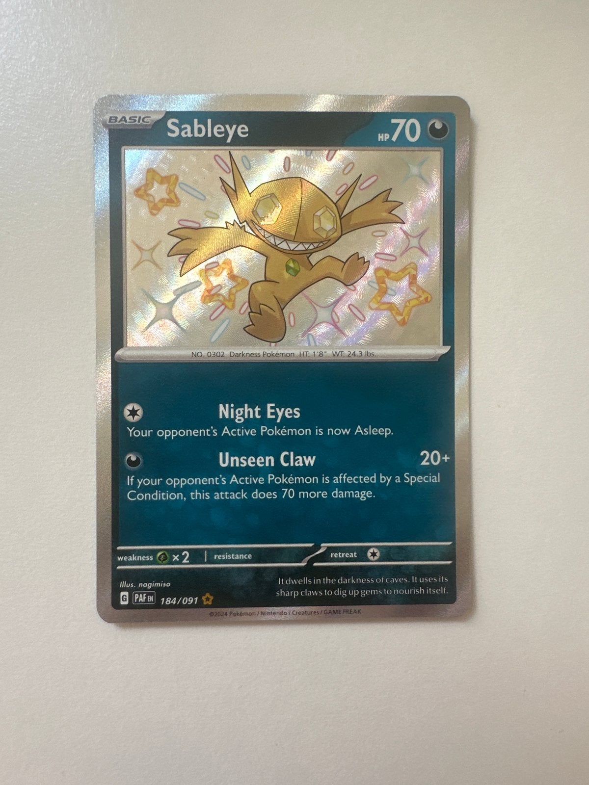 Pokémon Kaart Sableye 184/091 PAF EN - Foil, Ophalen of Verzenden, Zo goed als nieuw, Losse kaart, Foil