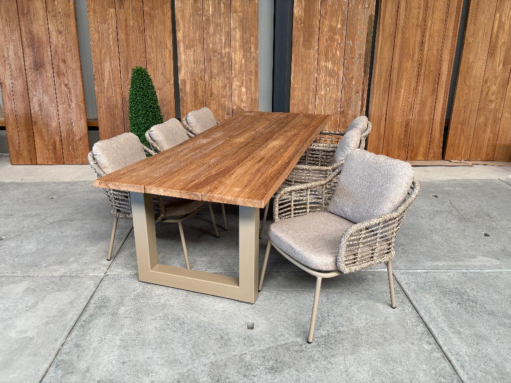 Tuinset | dining | boomstam teak 250cm incl 6 Luna beige, Tuin en Terras, Ophalen, 6 zitplaatsen, Teakhout, Nieuw