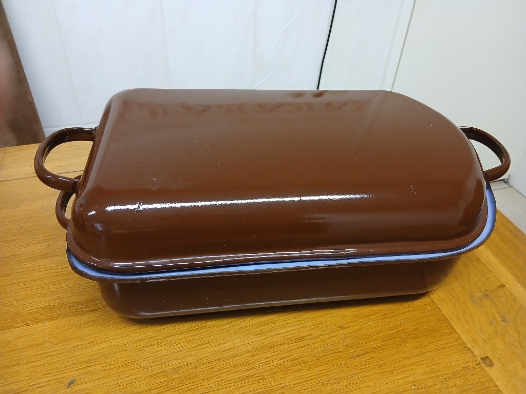 braadslee emaille - bruin - groot email, Gebruikt, Braadpan, Verzenden, Met deksel