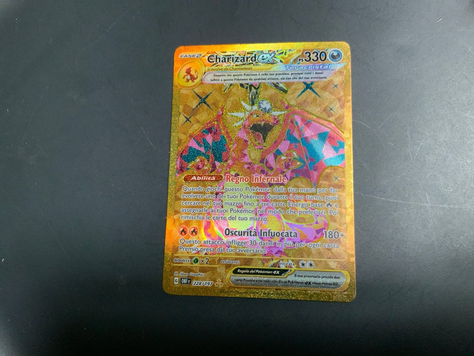 Charizard ex 330 Gouden Pokémon Kaart (Foil) uit Italië, Ophalen, Zo goed als nieuw, Losse kaart, Foil