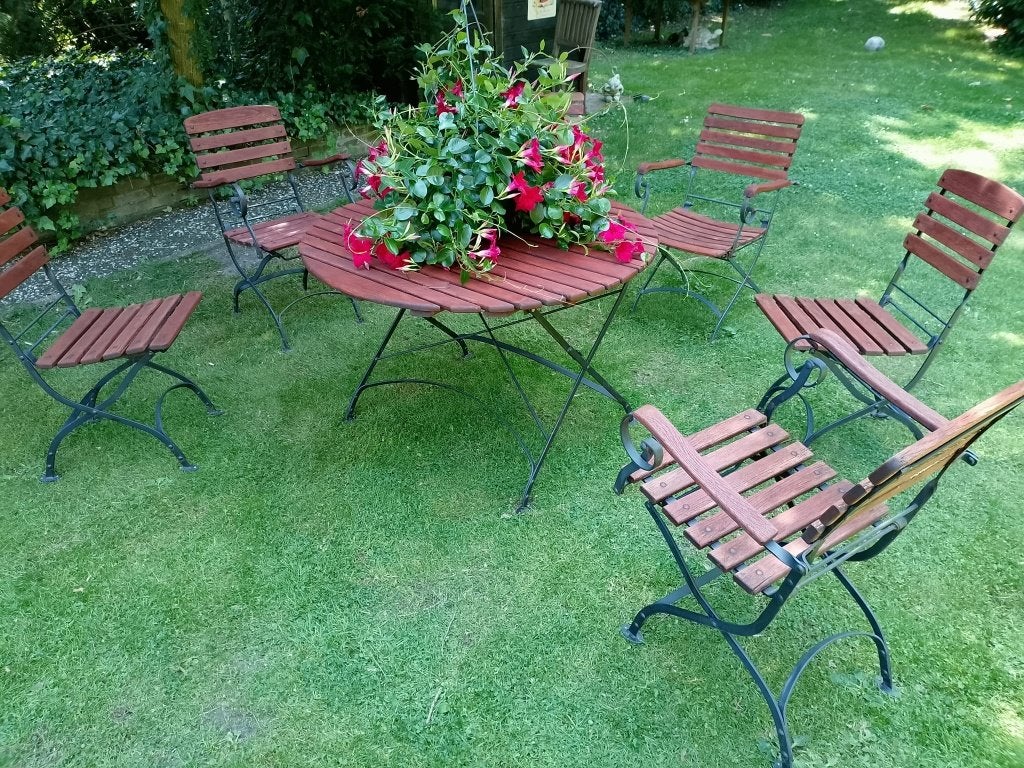 Zeer degelijk en kwaliteits franse tuinset, grote tafel en 6, Tuin en Terras, Tuinsets en Loungesets, Ophalen, Gebruikt, Teakhout