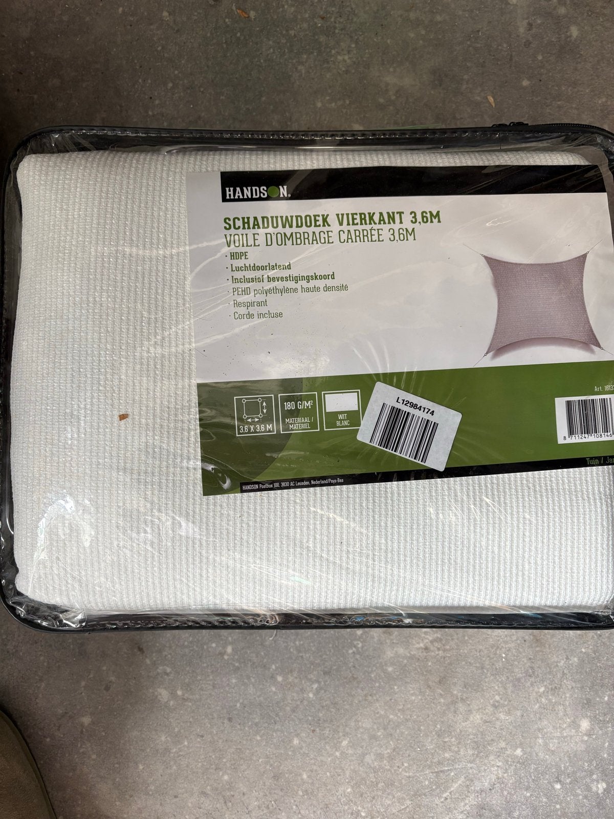 Hands Off Schaduwdoek Vierkant 3.6M - Wit, Tuin en Terras, Schaduwdoeken, Ophalen, Nieuw