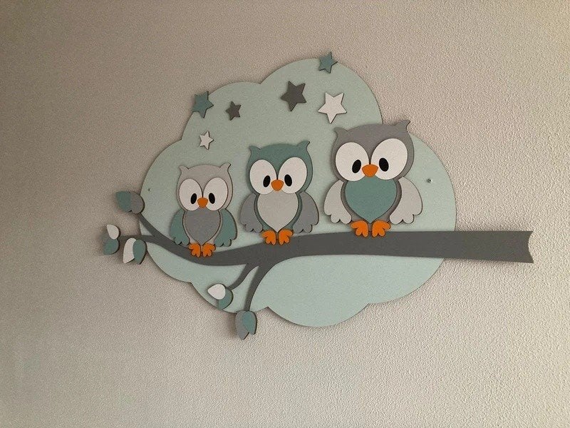 Houten muurdecoratie met 3 uiltjes – 100 x 60 cm, Ophalen of Verzenden, Gebruikt, Overige typen