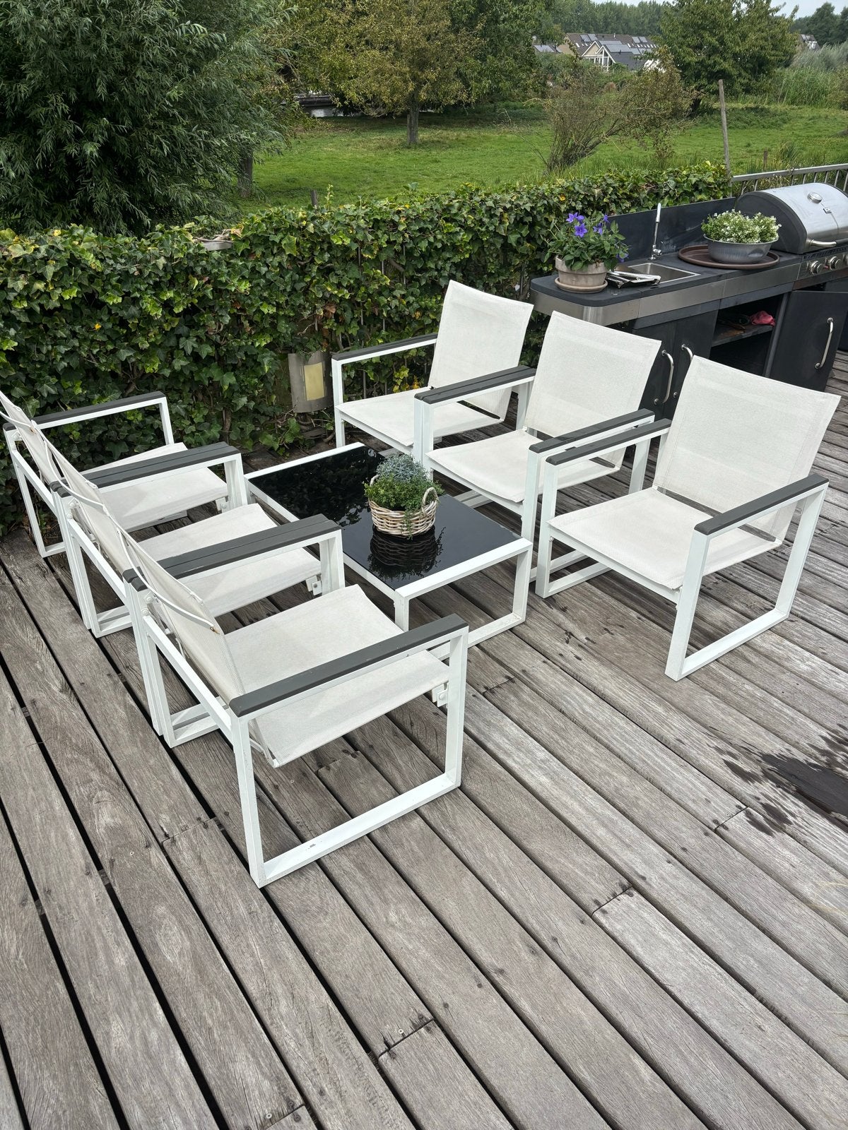 Luxe loungeset met 8 stoelen en salontafel, Ophalen, Gebruikt, Aluminium, 8 zitplaatsen