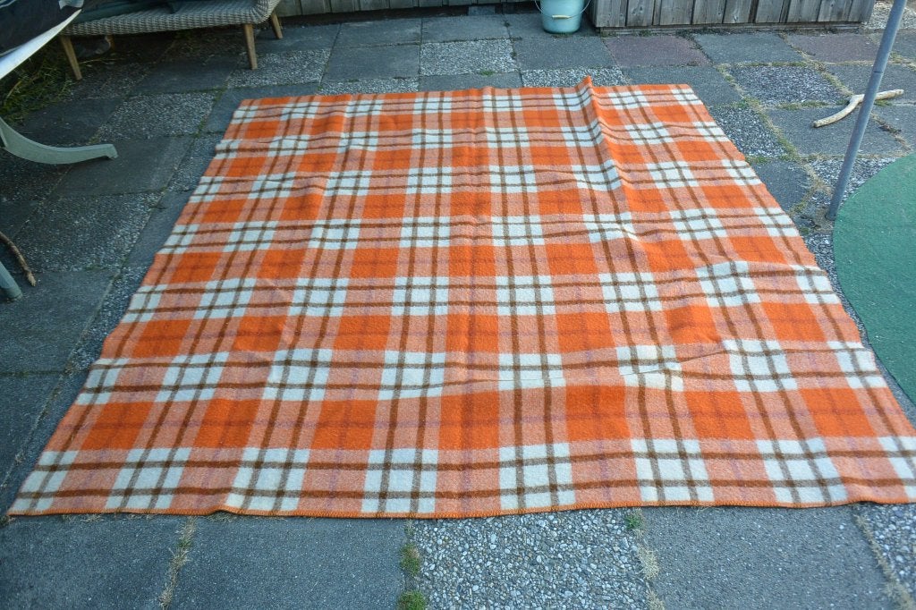 Vintage Leidse van Wijk wollen deken, Gebruikt, Ademend, Tweepersoons, Oranje