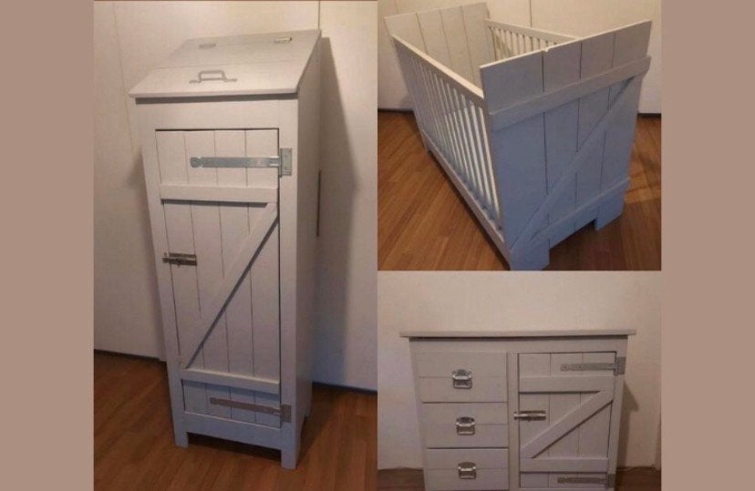 Complete babykamer: bed, kast, commode (grijs), Ophalen, Gebruikt, Jongetje of Meisje