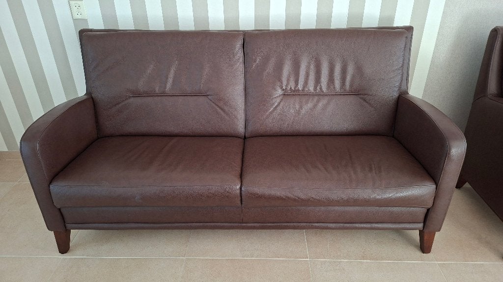 Bruin Taurus leren bank + 2 stoelen., Huis en Inrichting, Ophalen, Gebruikt, 150 tot 200 cm, Driepersoons