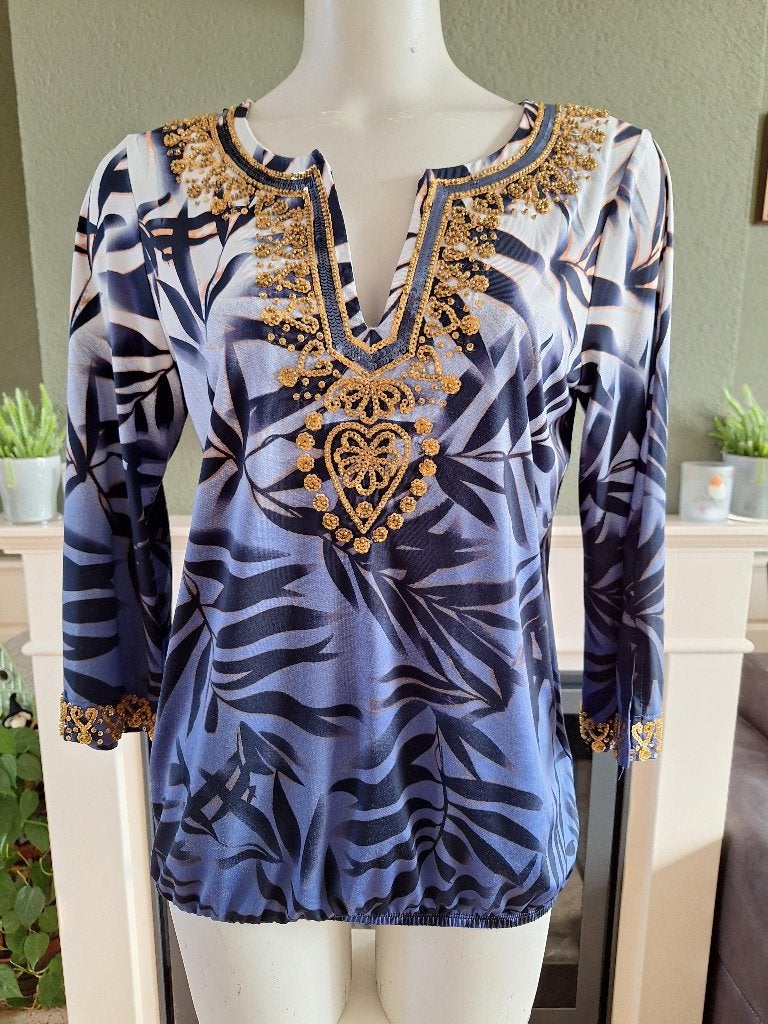 K-Design K Design blauwe goud top S M 36 38, K-design, Zo goed als nieuw, Lange mouw, Maat 36 (S)