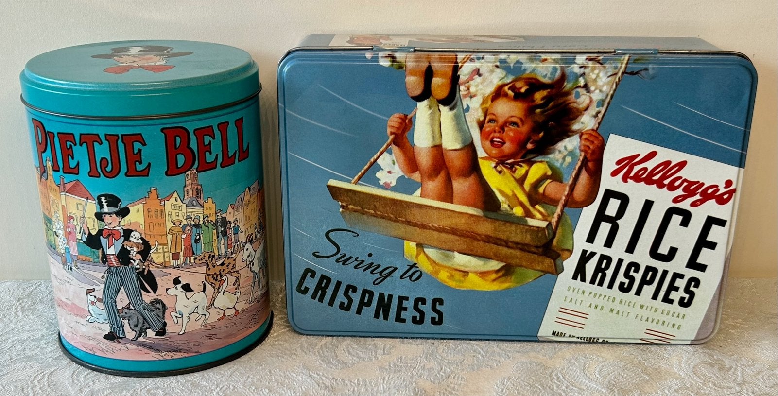 Vintage blikken: Pietje Bell en Kellogg's Rice Krispies, Ophalen of Verzenden, Gebruikt, Koek(jes), Overige merken