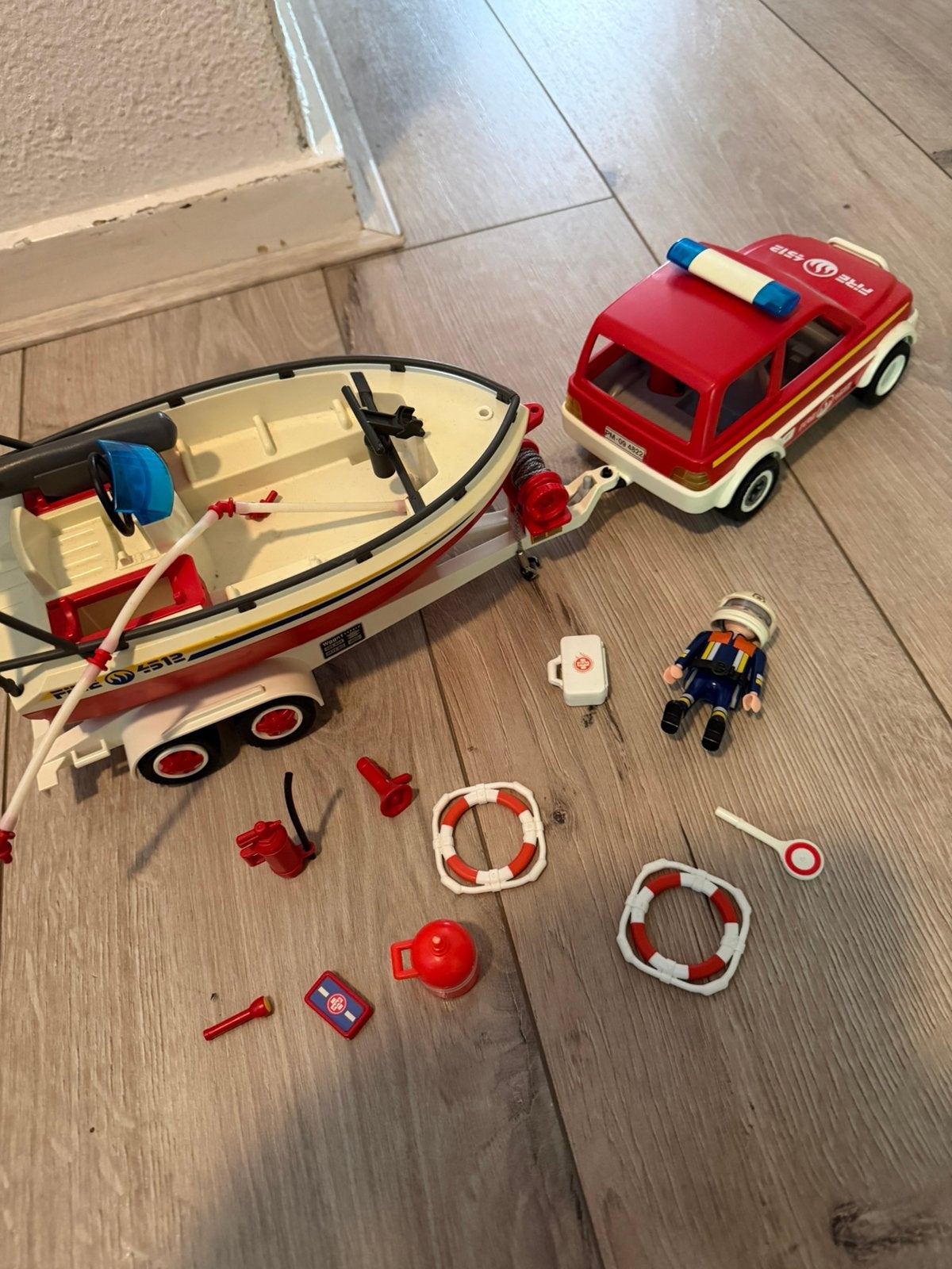 Playmobil brandweer auto, boot en aanhanger, Ophalen of Verzenden, Gebruikt, Complete set, Boot/Schip