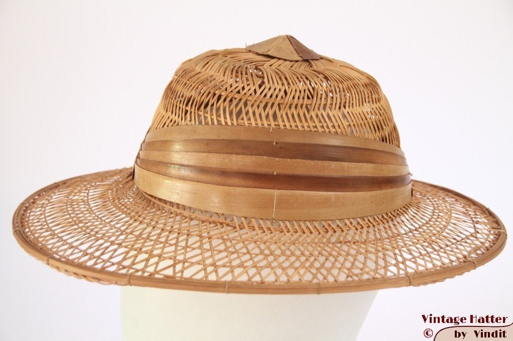 Vintage Open safari hoed stro en hout 55 - 56, Ophalen of Verzenden, Gedragen, 57 cm (M, 7⅛ inch) of minder, Hoed