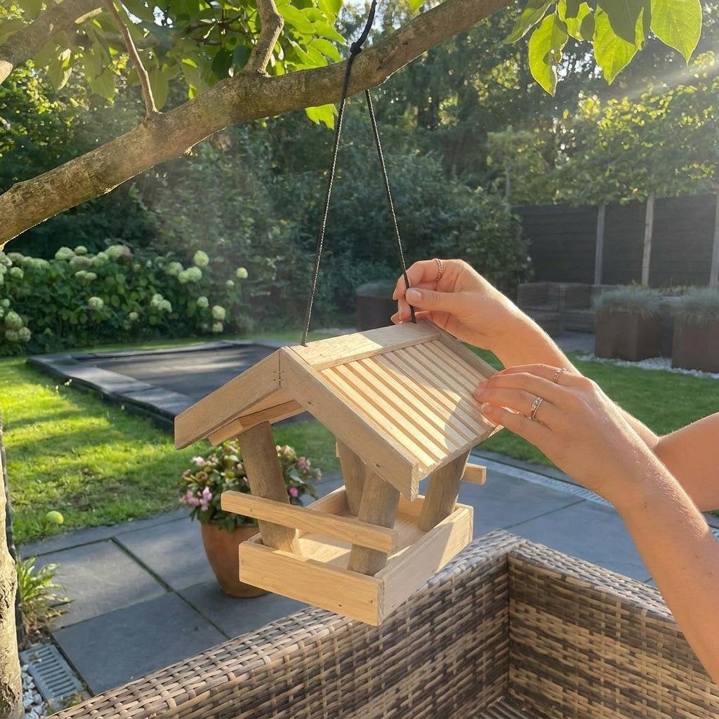 Hangend houten vogelvoederhuis 29 cm, Ophalen of Verzenden, Zo goed als nieuw