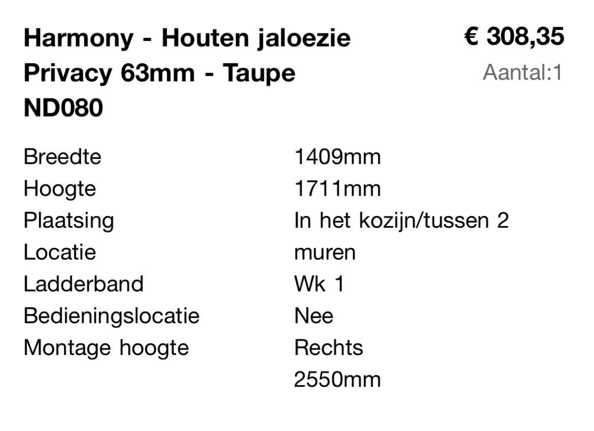 Harmony Houten Jaloezie Privacy 63mm - Taupe (1409x1711mm), Ophalen, Zo goed als nieuw, 150 tot 200 cm, Overige kleuren