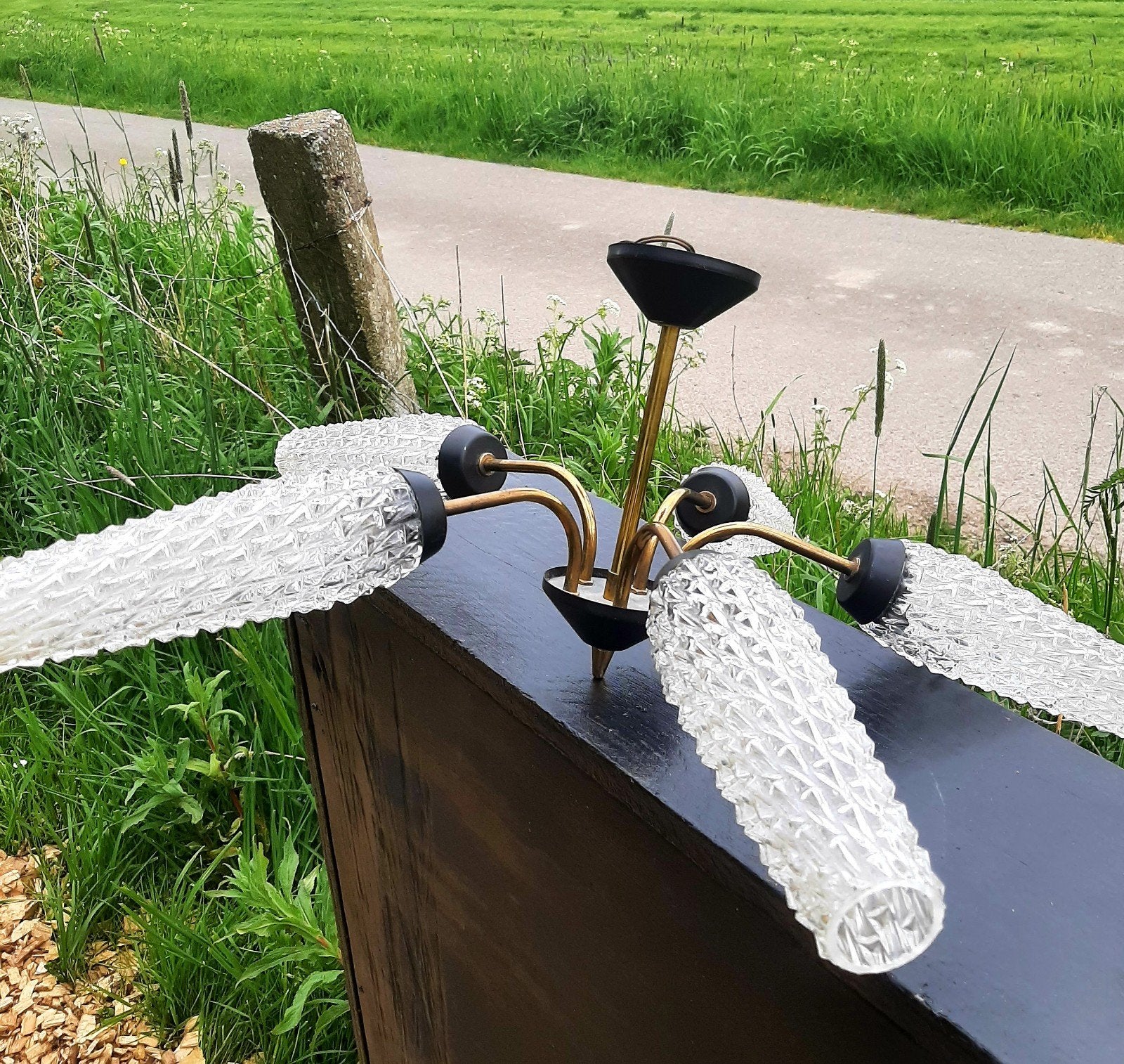 Vintage Franse - Hanglamp / Kroonluchter - (50's 60's), Huis en Inrichting, Lampen | Hanglampen, Ophalen of Verzenden, Glas