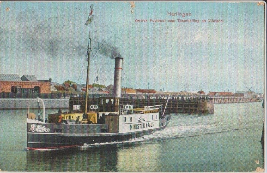 1916 harlingen vertrek postboot terschelling vlieland kraus, Verzamelen, Ophalen of Verzenden, Voor 1920, Gelopen, Waddeneilanden
